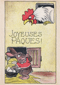 Lapin curieux et coq espi&egrave;gle &agrave; P&acirc;ques